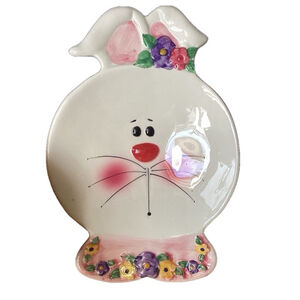 Adorable Bunny Rabbit Head Shaped Candy Dish W/Flowers Easter 9 X 6.25” Vintage